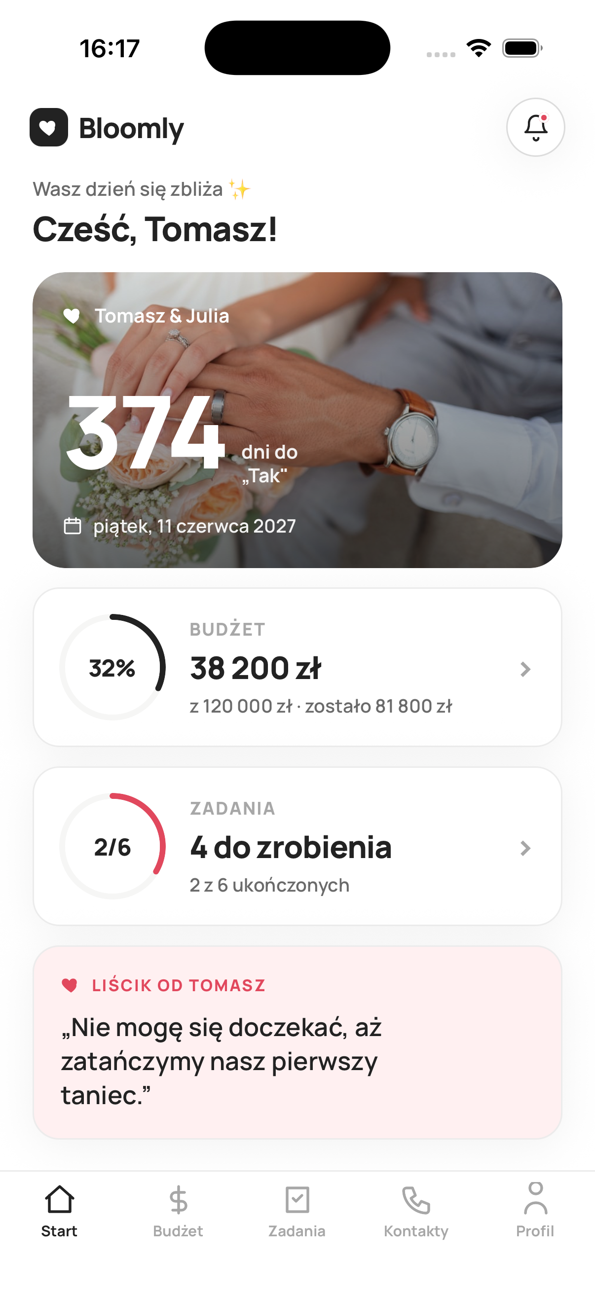 Ekran startowy Bloomly: odliczanie do ślubu, budżet i lista zadań