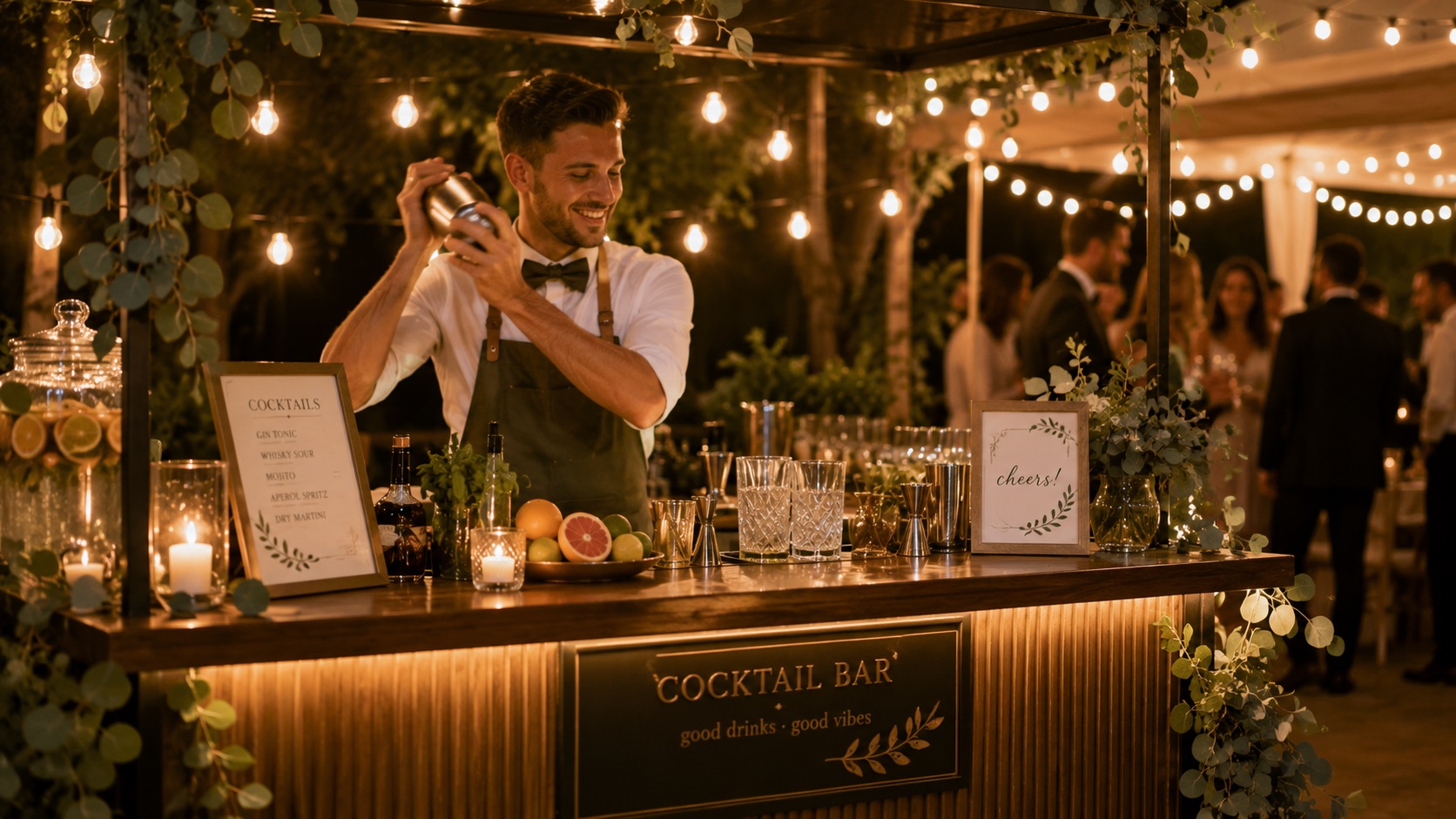 Mobilny bar na weselu z barmanem przygotowującym drinki, zieleń i ciepłe światło