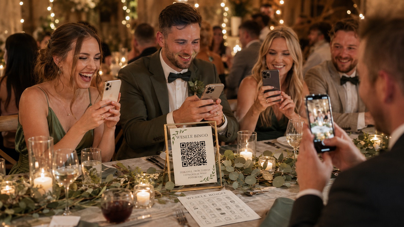 Goście weselni robią zdjęcia telefonami, na stole kod QR i karta bingo
