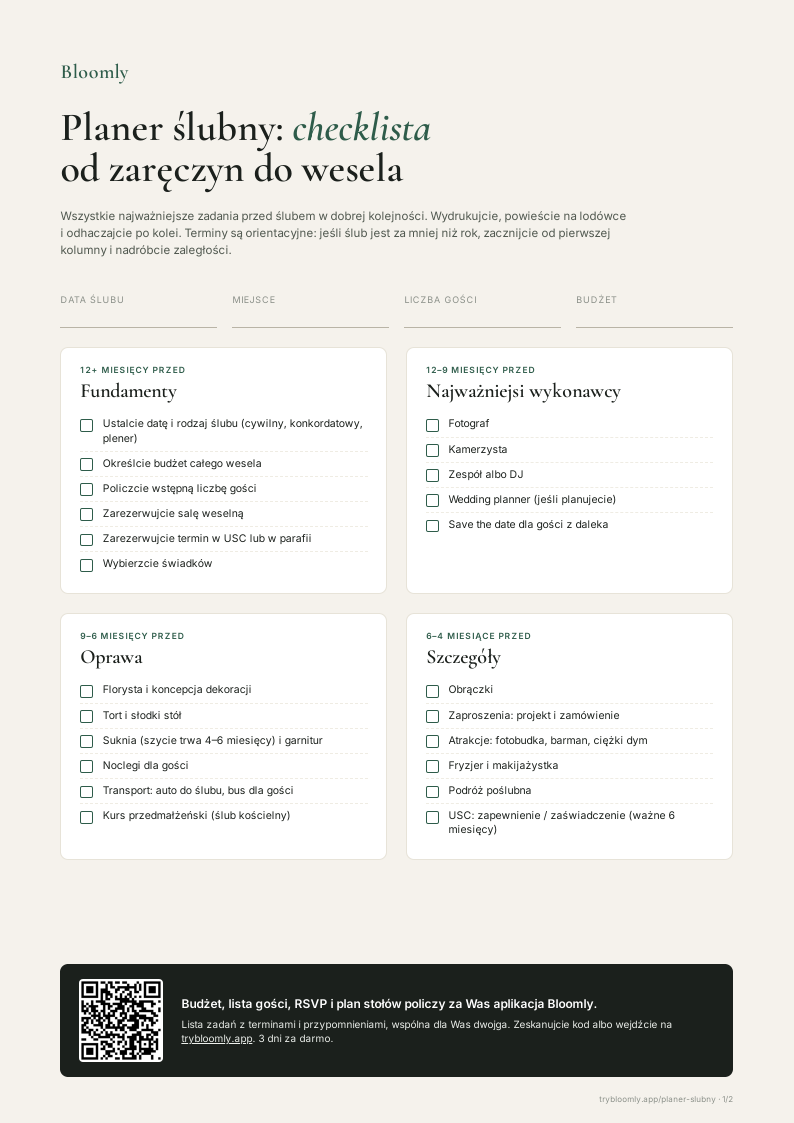 Darmowy planer ślubny PDF: checklista zadań przed ślubem do druku